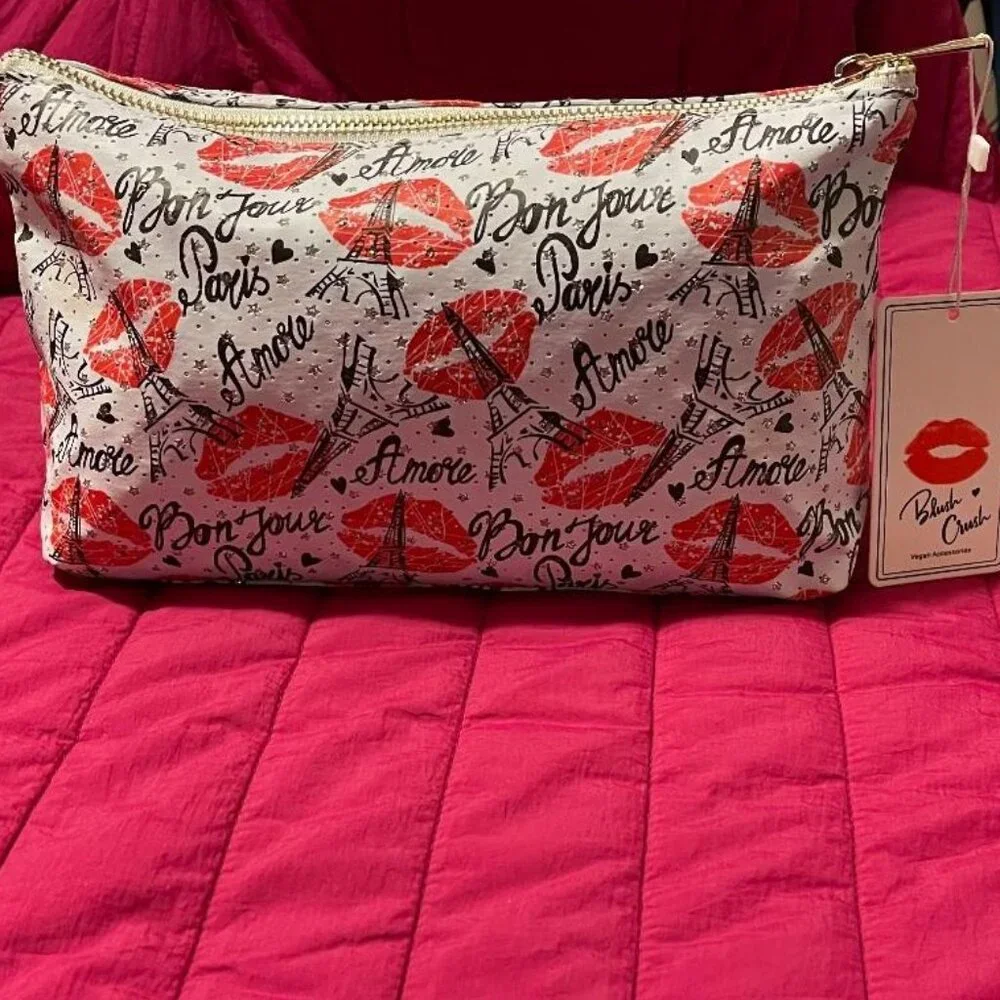 SPARKLE BON JOUR AMORE PARIS EIFFEL TOWER BLUSH CRUSH COSMETIC / MAKE - UP BAG